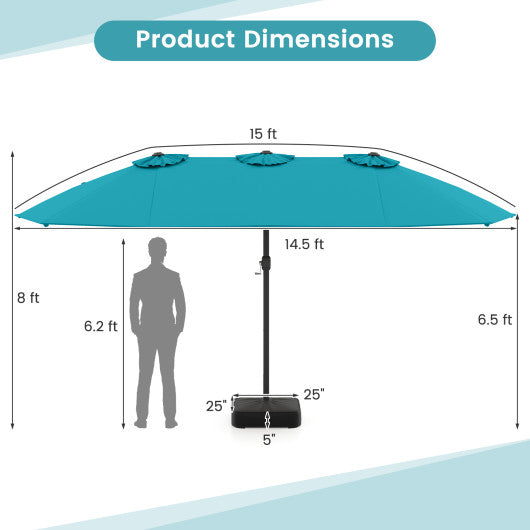 15 Feet Double-Sided Twin Patio Umbrella with Crank and Base-Turquoise