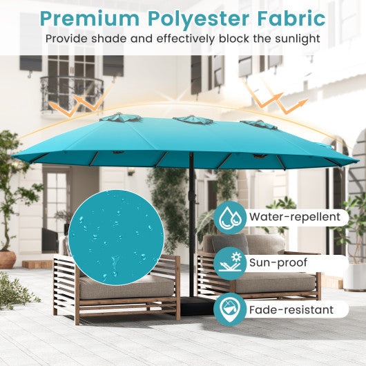 15 Feet Double-Sided Twin Patio Umbrella with Crank and Base-Turquoise