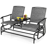 2-Person Double Rocking Loveseat with Mesh Fabric and Center Tempered Glass Table-Gray