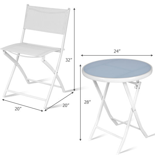 3 Pieces Patio Folding Bistro Set for Balcony or Outdoor Space-White