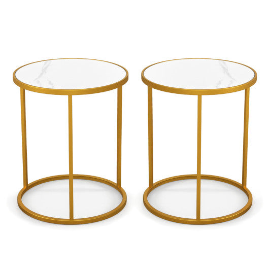 16 Inch Marble Top Round Side Table with Golden Metal Frame for Living Room Bedroom-Set of 2