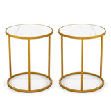 16 Inch Marble Top Round Side Table with Golden Metal Frame for Living Room Bedroom-Set of 2