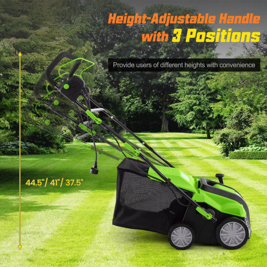 16-Inch Electric Lawn Dethatcher and Scarifier with Collection Bag-Green