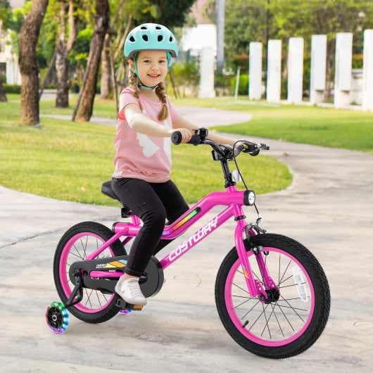 16 Inch LED Lighted Kids Bike with Training Wheels and Headlight for Ages 4-7 Years-16 inches