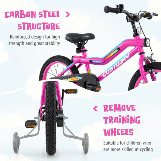 16 Inch LED Lighted Kids Bike with Training Wheels and Headlight for Ages 4-7 Years-16 inches