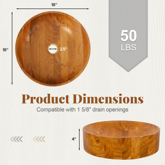 16 Inch Teak Wood Washbasin with Smooth Finish and Rounded Corners