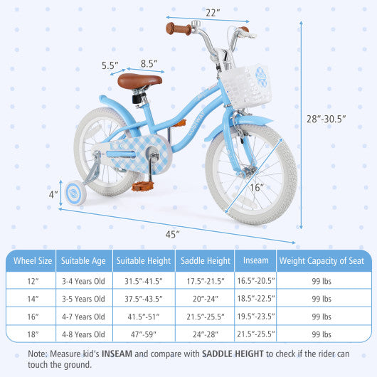 16 Inch Kids Bike with Adjustable Handlebar and Seat for 4-7 Year Old