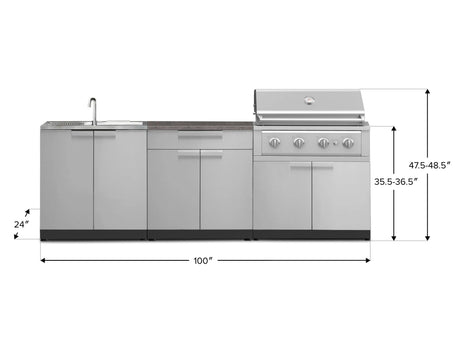 Outdoor Kitchen Stainless-Steel 5 Piece Cabinet Set with Bar, Sink, Grill Cabinet, Performance Grill, and Countertop