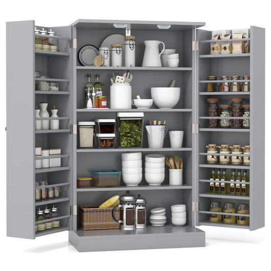 17-Tier Kitchen Pantry Cabinet with 2 Doors and 6 Adjustable Shelves-Gray