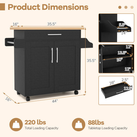 Rolling Kitchen Island Cart with Towel and Spice Rack-Black