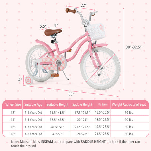 18 Inch Kids Bike with Training Wheels and Basket for Boys Girls 4-8 Years Old-18 inches