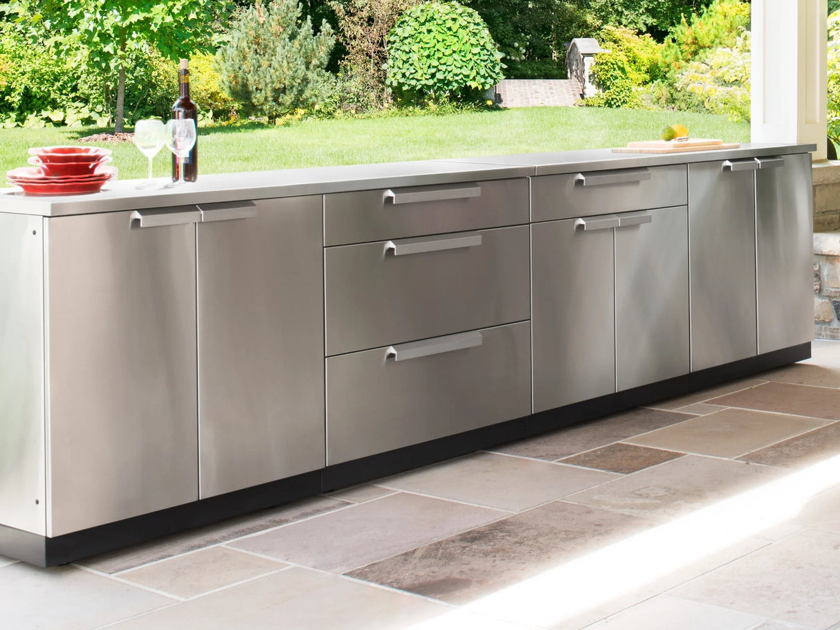 Outdoor Kitchen Stainless-Steel 5 Piece Cabinet Set with Sink, 2-Door with Drawer, Grill Cabinet, Platinum Grill and Countertop