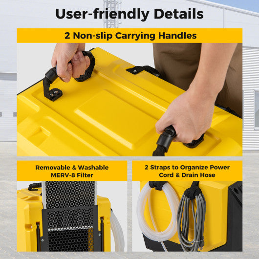 190 PPD Commercial Dehumidifier with Pump and 2 Wheels-Yellow