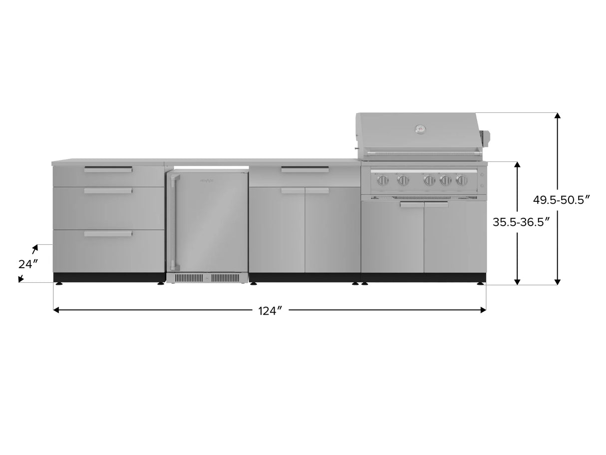 Outdoor Kitchen Stainless Steel 7 Piece Cabinet Set with 3-Drawer, Bar, Grill Cabinet, Platinum Grill, Countertop, and Stainless Steel Door Fridge