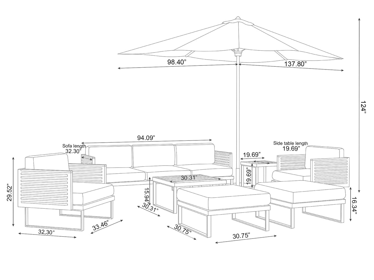 Monterey 7 Seater Chat Set with Coffee Table, Side Table and Umbrella