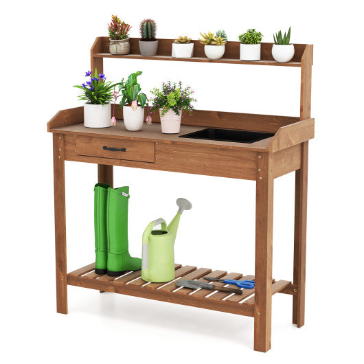 Outdoor Wooden Garden Table Work Station with Storage Shelves and Drawer-Coffee