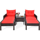 5 Pieces Patio Rattan Sofa Ottoman Furniture Set with Cushions-Red