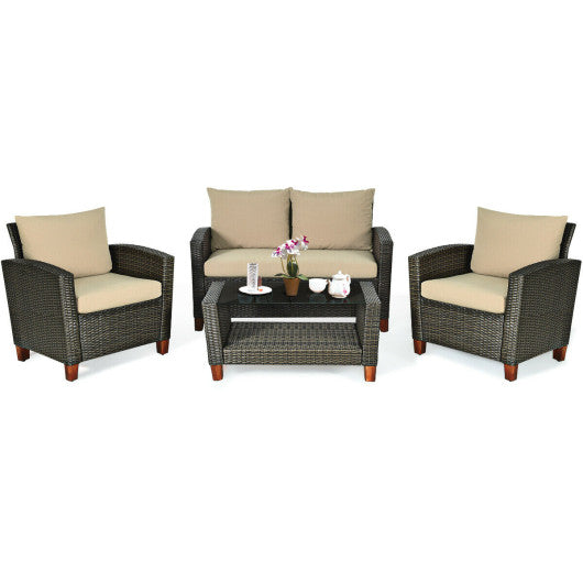 4 Pieces Patio Rattan Furniture Set with Cushions