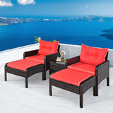 5 Pieces Patio Rattan Sofa Ottoman Furniture Set with Cushions-Red