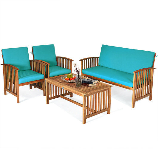 4 Pieces Patio Solid Wood Furniture Set-Blue