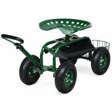 Heavy Duty Garden Cart with Tool Tray and 360 Swivel Seat-Green