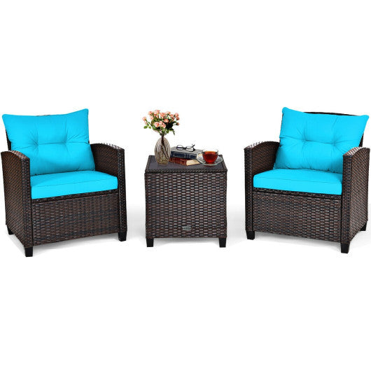 3 Pcs Patio Rattan Furniture Set Cushioned Conversation Set Coffee Table-Turquoise