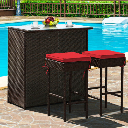 3PCS Patio Rattan Wicker Bar Table Stools Dining Set-Red