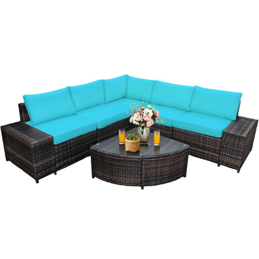 6 Piece Wicker Patio Sectional Sofa Set with Tempered Glass Coffee Table-Turquoise