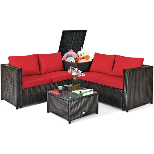 4 Pieces Outdoor Patio Rattan Furniture Set with Cushioned Loveseat and Storage Box-Red