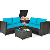 4 Pieces Outdoor Patio Rattan Furniture Set with Cushioned Loveseat and Storage Box-Turquoise