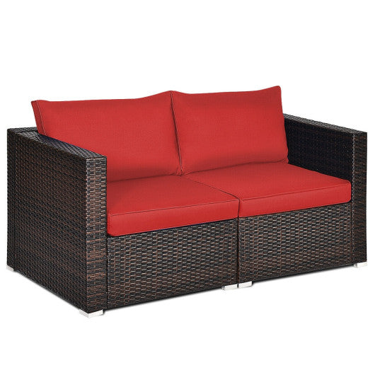 2PCS Patio Rattan Sectional Conversation Sofa Set-Red