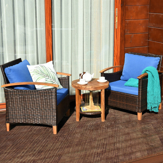 3 Pieces Patio Rattan Furniture Set with Washable Cushion and Acacia Wood Tabletop-Blue