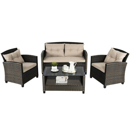 4 Pieces Outdoor Rattan Furniture Set with Glass Table