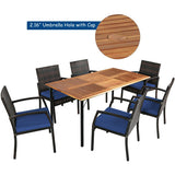 7Pcs Patio Rattan Cushioned Dining Set with Umbrella Hole-Navy