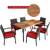 7Pcs Patio Rattan Cushioned Dining Set with Umbrella Hole-Red