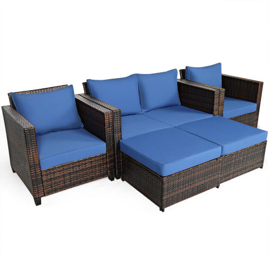 5 Pieces Patio Cushioned Rattan Furniture Set-Navy