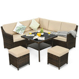 6 Pieces Patio Rattan Dining Sofa Funiture Set