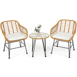 3 Pieces Rattan Furniture Set with Cushioned Chair Table-White