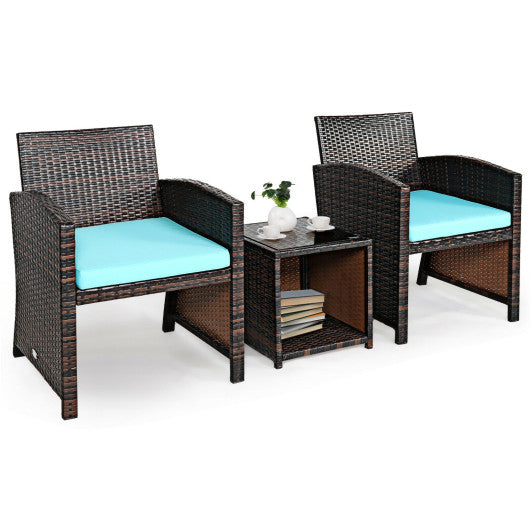 3 Pieces PE Rattan Wicker Furniture Set with Cushion Sofa Coffee Table for Garden-Turquoise