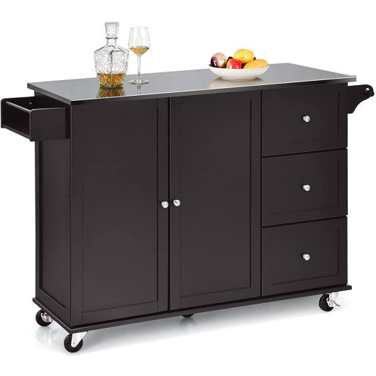 Kitchen Island 2-Door Storage Cabinet with Drawers and Stainless Steel Top-Dark Brown