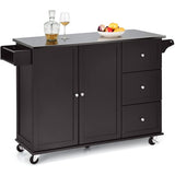 Kitchen Island 2-Door Storage Cabinet with Drawers and Stainless Steel Top-Dark Brown