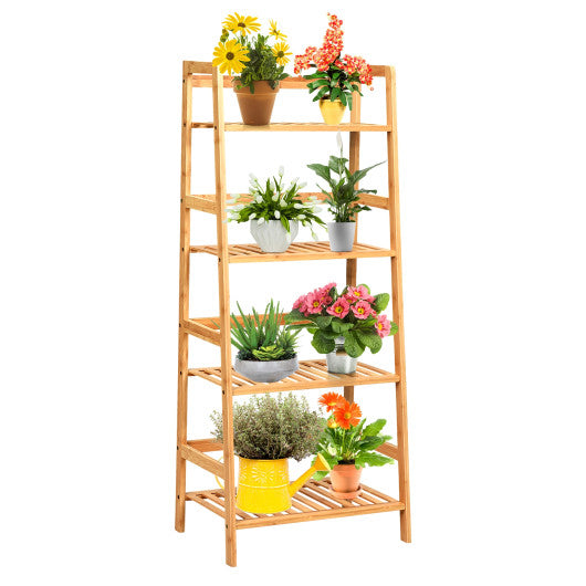 4-Tier Bamboo Plant Rack with Guardrails Stable and Space-Saving-Natural