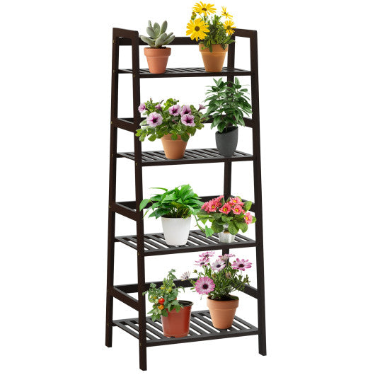 4-Tier Bamboo Plant Rack with Guardrails Stable and Space-Saving-Brown