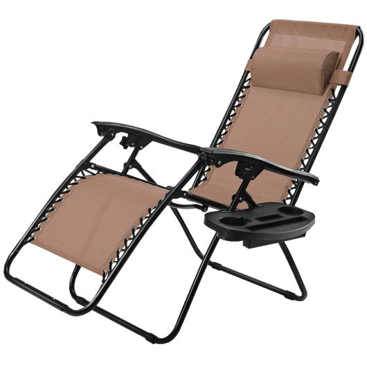 Outdoor Folding Zero Gravity Reclining Lounge Chair with Utility Tray-Brown