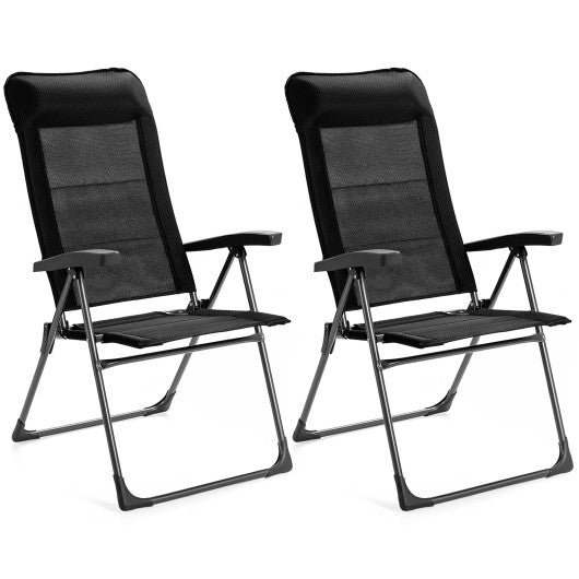 2 Pcs Portable Patio Folding Dining Chairs with Headrest Adjust for Camping -Black