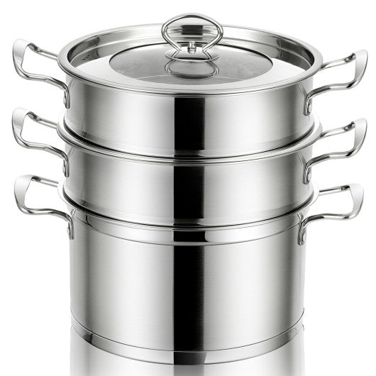 2/3 Tier Stainless Steel Steamer with Handles and Glass Lid-3-Tier