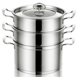 2/3 Tier Stainless Steel Steamer with Handles and Glass Lid-3-Tier