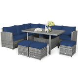 7 Pieces Patio Rattan Dining Furniture Sectional Sofa Set with Wicker Ottoman-Navy