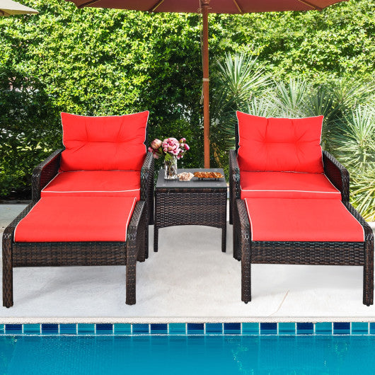 5 Pieces Patio Rattan Sofa Ottoman Furniture Set with Cushions-Red