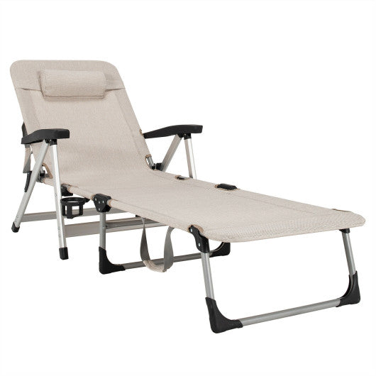 Beach Folding Chaise Lounge Recliner with 7 Adjustable Position-Beige